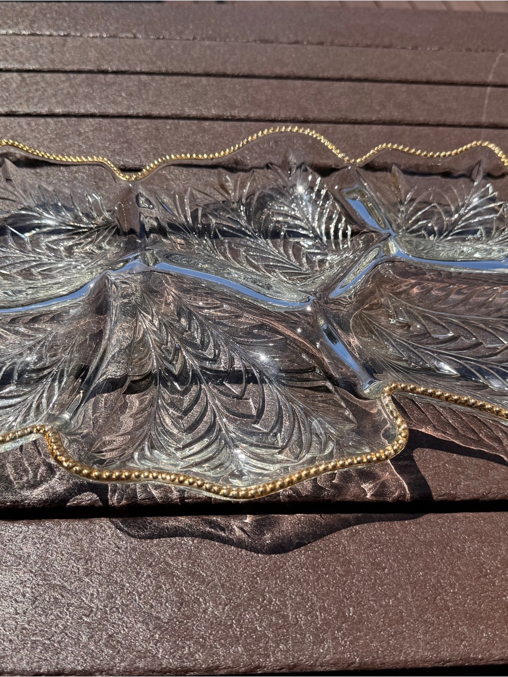 Clear Glass Leaf Serving Tray with Gold Beaded Rim